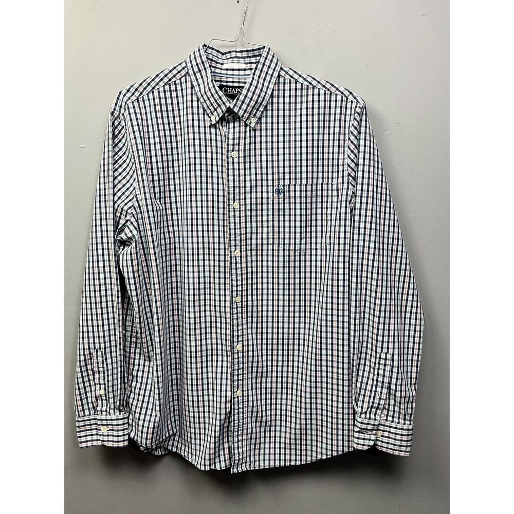 CHAPS Shirt Mens XL Spandex Plaid Blue Button Down Stretch Easy care Pocket